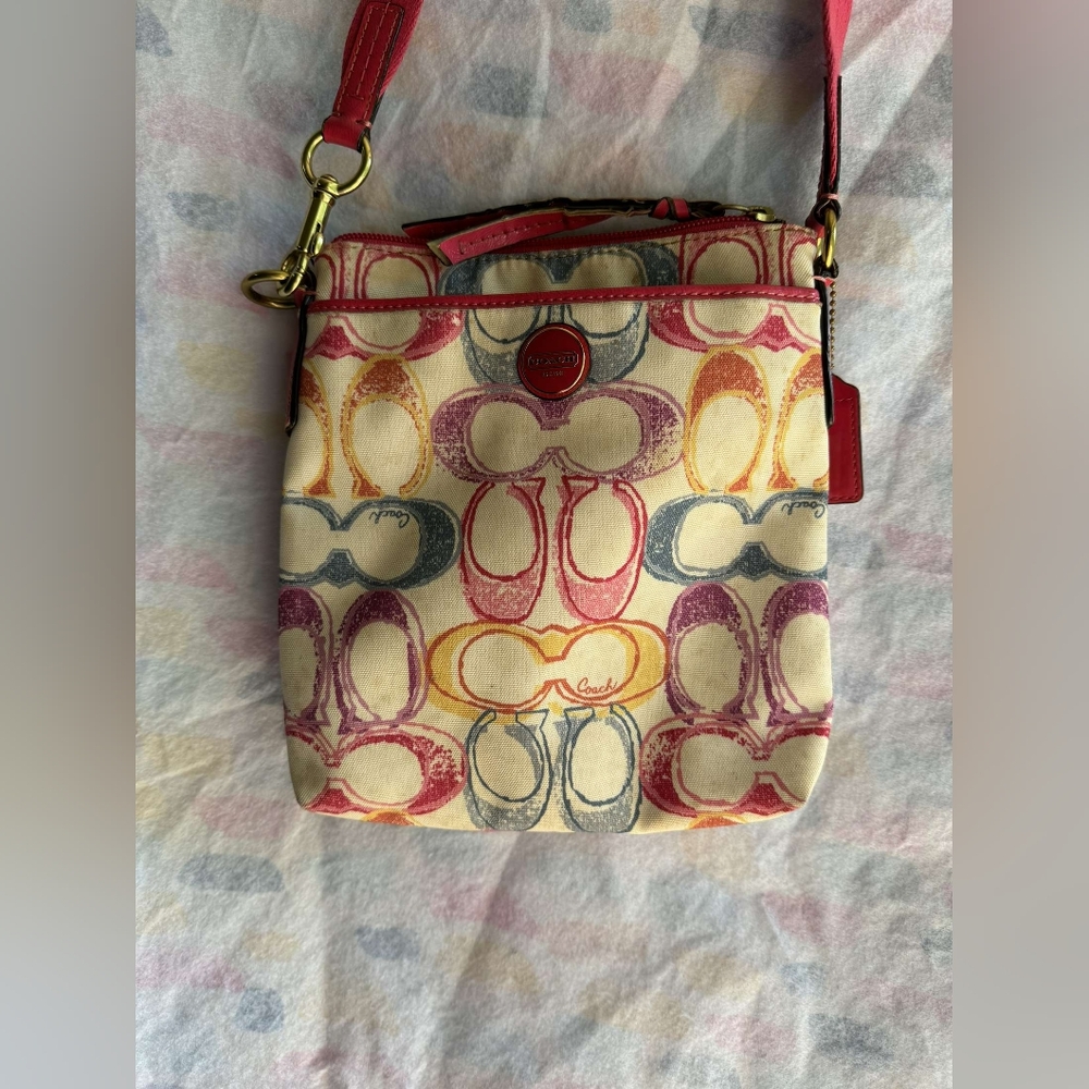 Coach Multicolor Scribble Crossbody Purse with Pink Strap